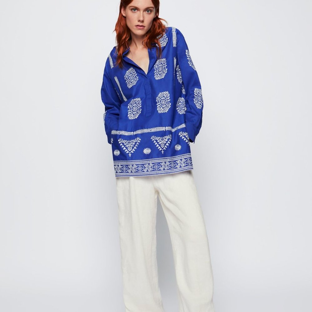 ZARA Embroidered Cotton Tunic Hi Lo Hem Blue with White Sz L/XL - Picture 6 of 13